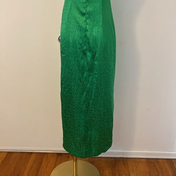 Kelly Green Floral Satin Midi Dress with Black Trim Size Small / Medium - Picture 9 of 13